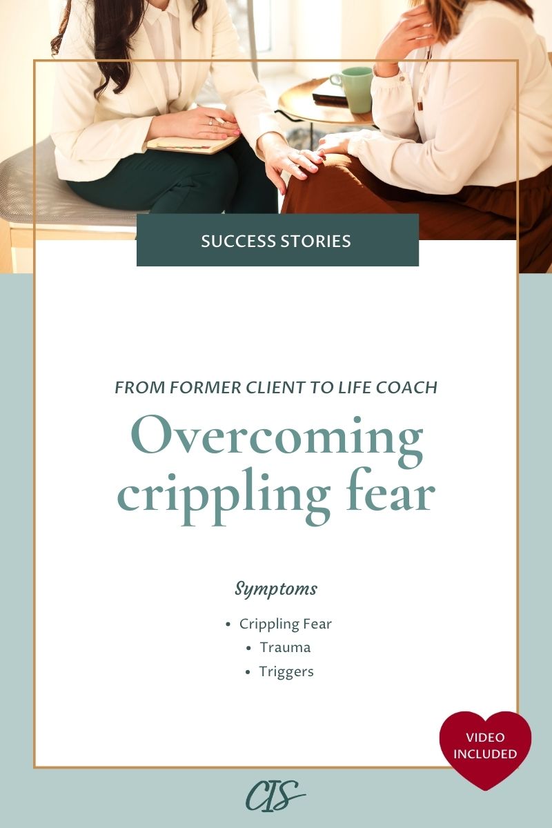 Cover image featuring bold typography with the headline 'From former client to life coach: Overcoming crippling fear' against a white background with a photo of a life coach