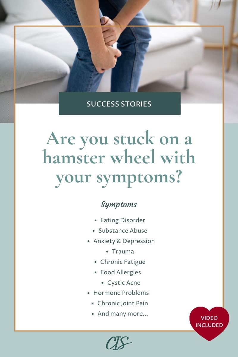 Cover image featuring bold typography with the headline 'Are you stuck on a hamster wheel with your symptoms' against a white background and an image of a woman holding her painful knee