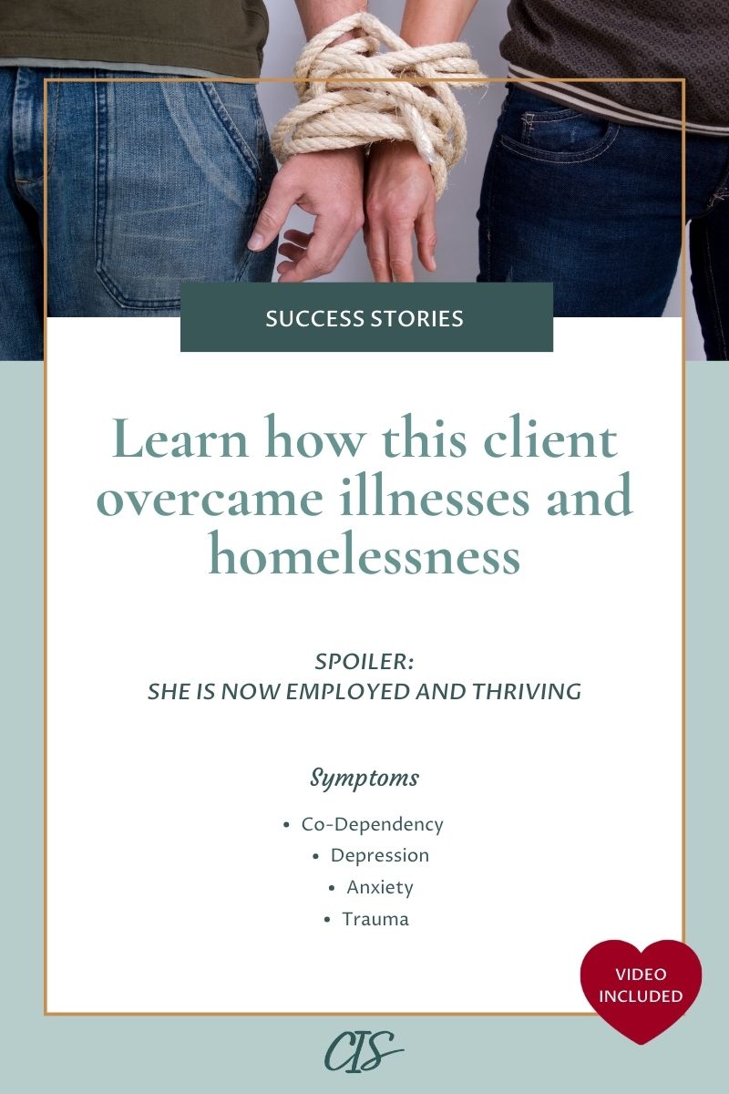 Cover image featuring bold typography with the headline 'Learn how this client overcame illnessnes and homelessness' against a white background and an image of two people's hands tied together with rope