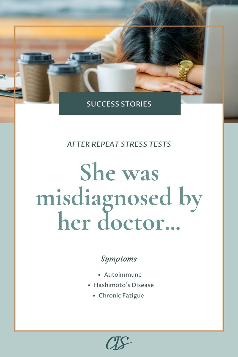 Cover image featuring bold typography with the headline 'After repeat stress tests she was misdiagnosed by her doctor...' against a white background and an image of a woman with her face down surrounded by four cups of coffee