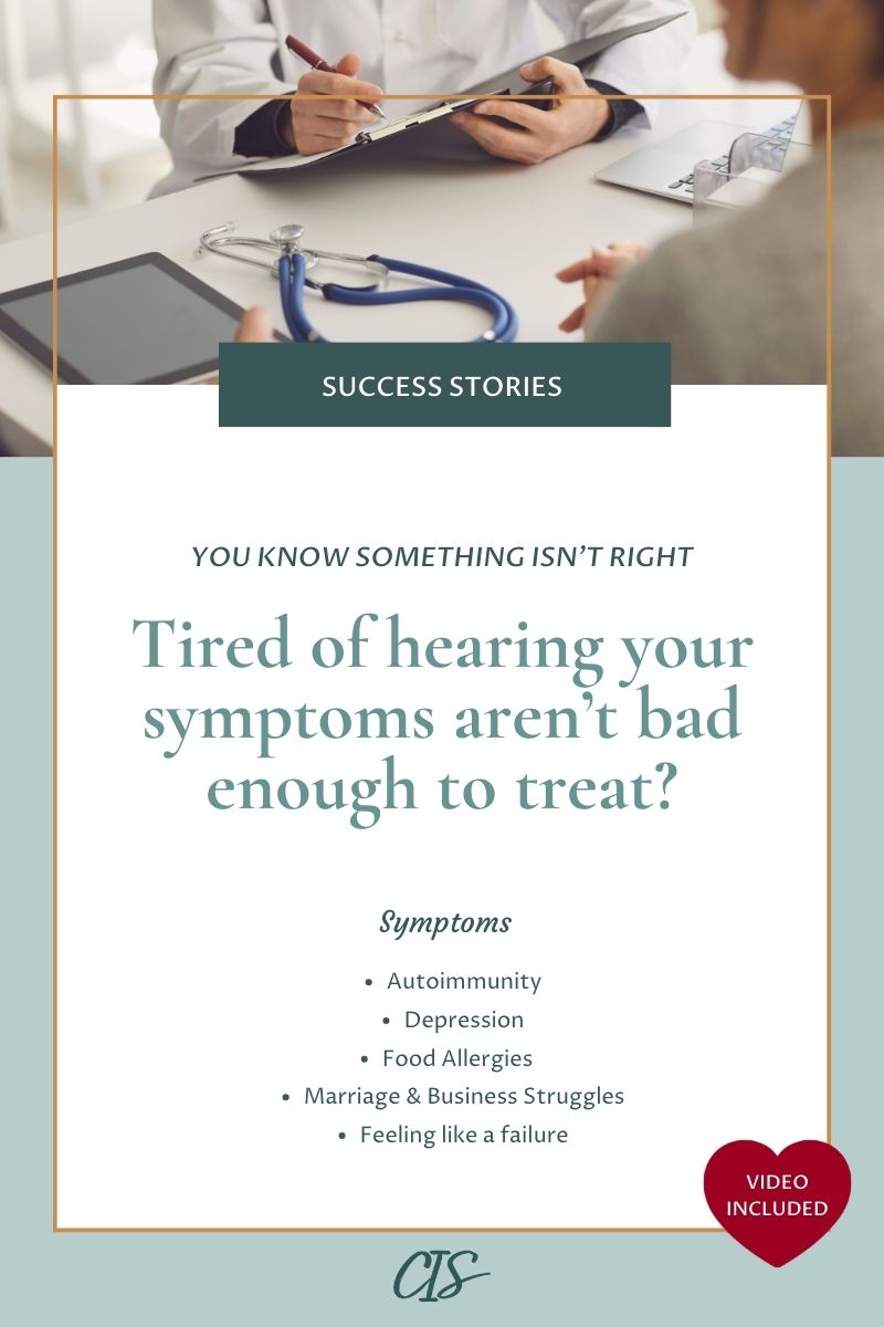 Cover image featuring bold typography with the headline 'Tired of hearing your symptoms aren't bad enough to treat?' against a white background and an image of a patient sitting in front of a doctor